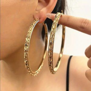 14K Gold Large Chunky Hoop Earrings Womens Big Etched Hoops 14K Silver Jewelry